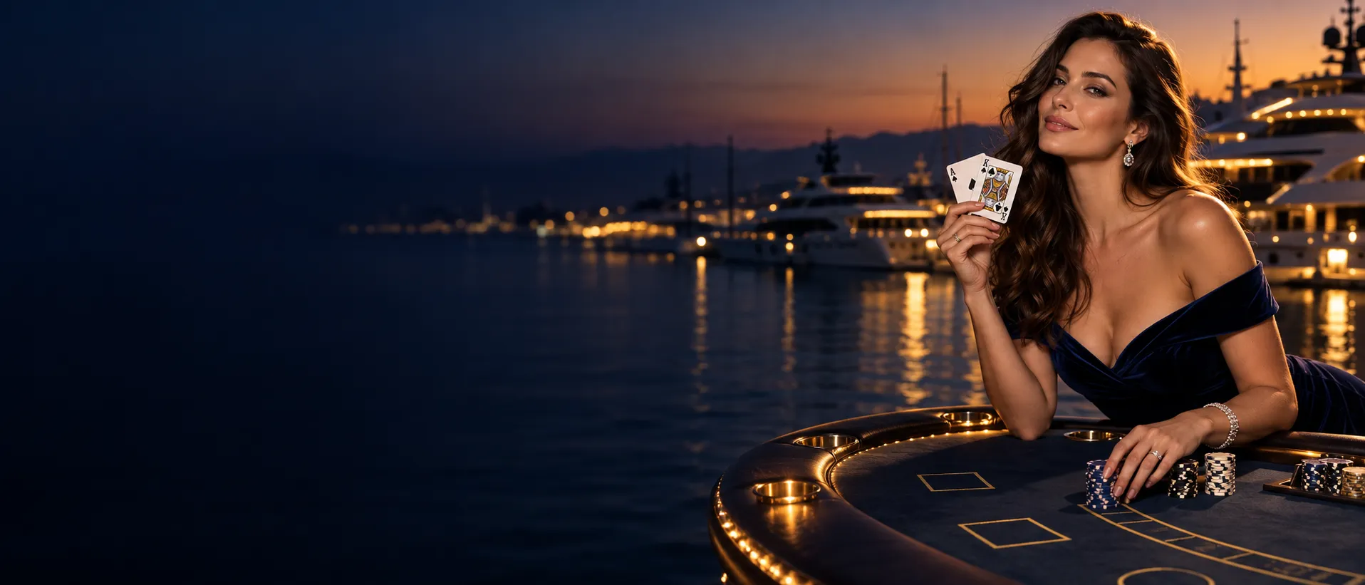 Here2Win Casino blackjack table by a yacht harbour at dusk, with a woman holding an ace and a king