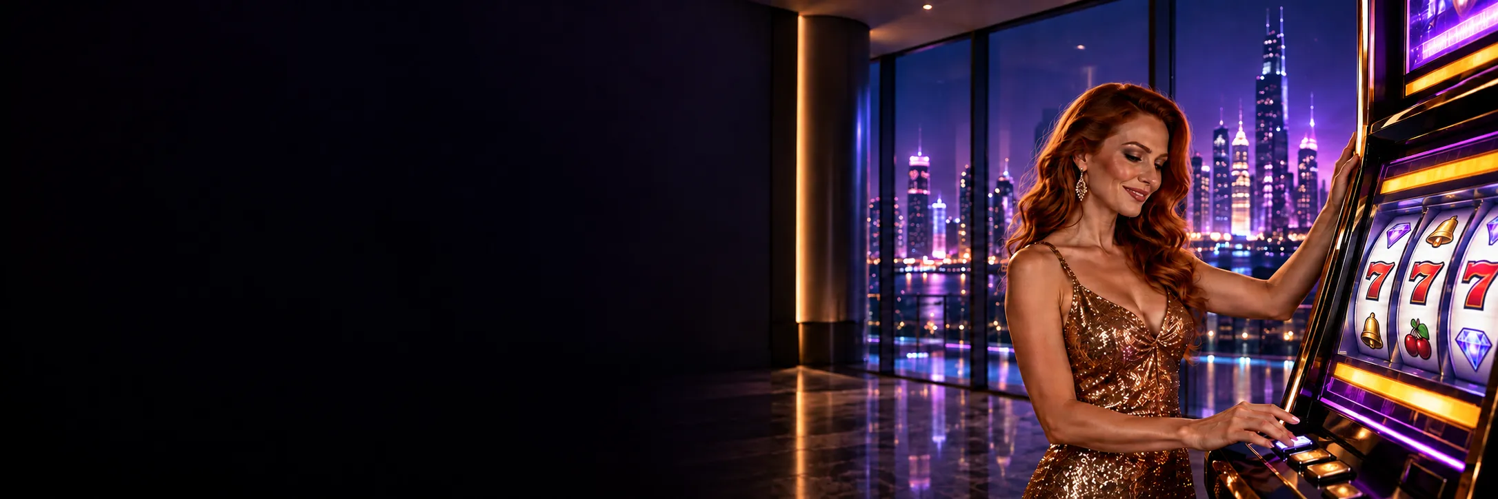 Woman with red hair playing slots at Here2Win Casino with a city skyline lit up behind the window