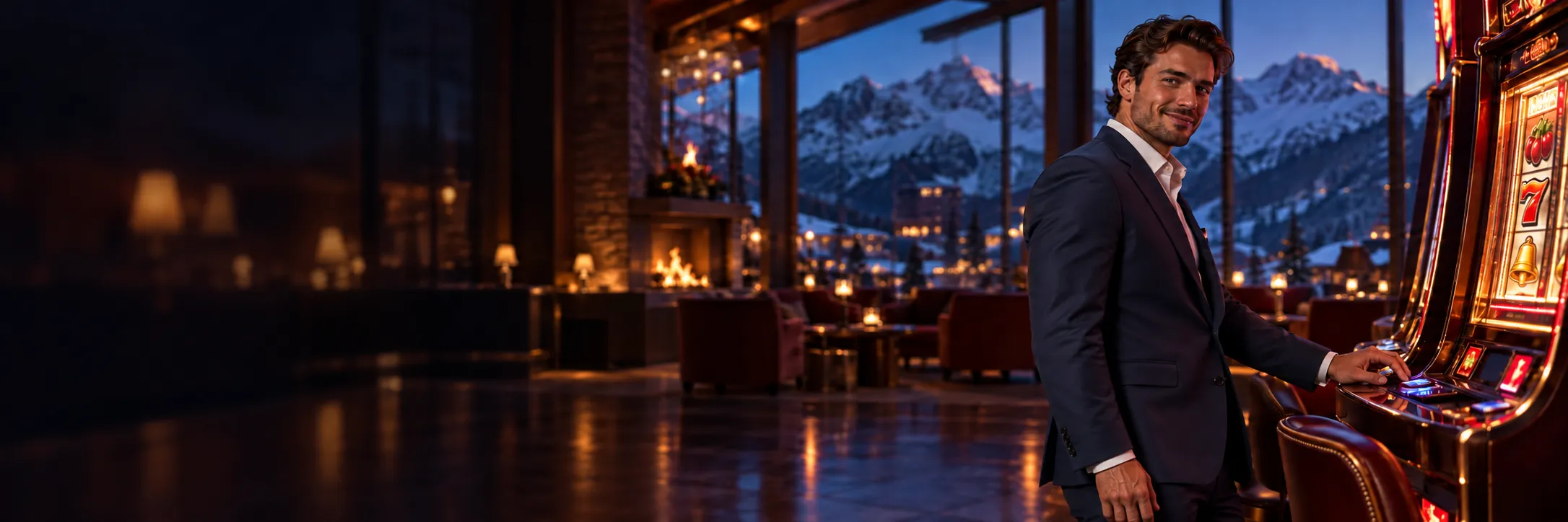 Man in a navy suit playing slots at Here2Win Casino in a lounge with snowy mountains outside