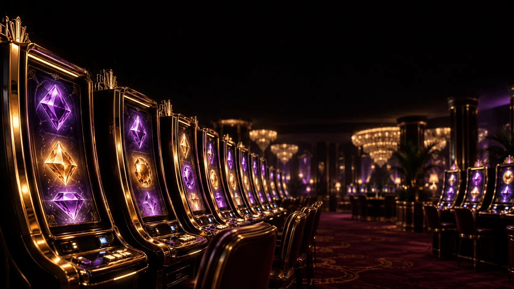 Aisle of pokie cabinets glowing purple and gold under chandeliers at Here2Win Casino