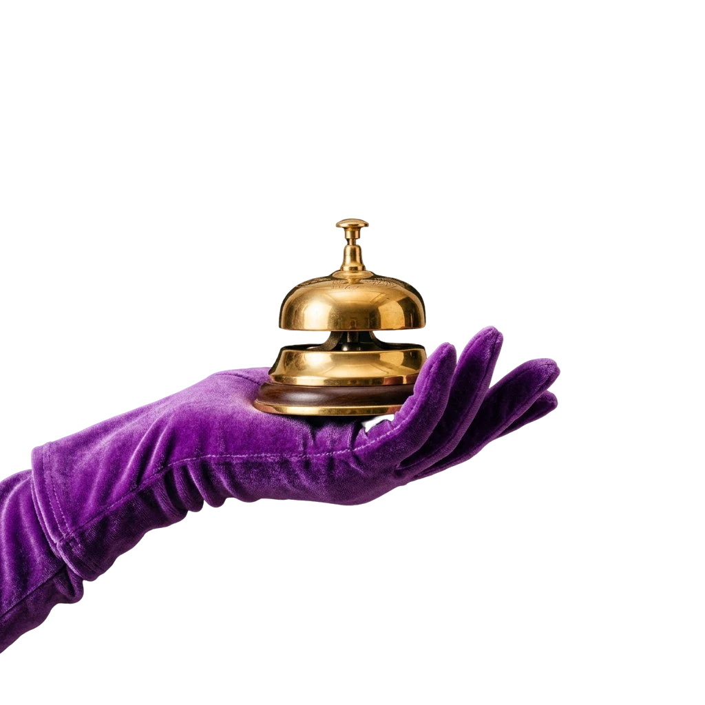 Gold service bell on a purple velvet glove for Here2Win Casino live chat support