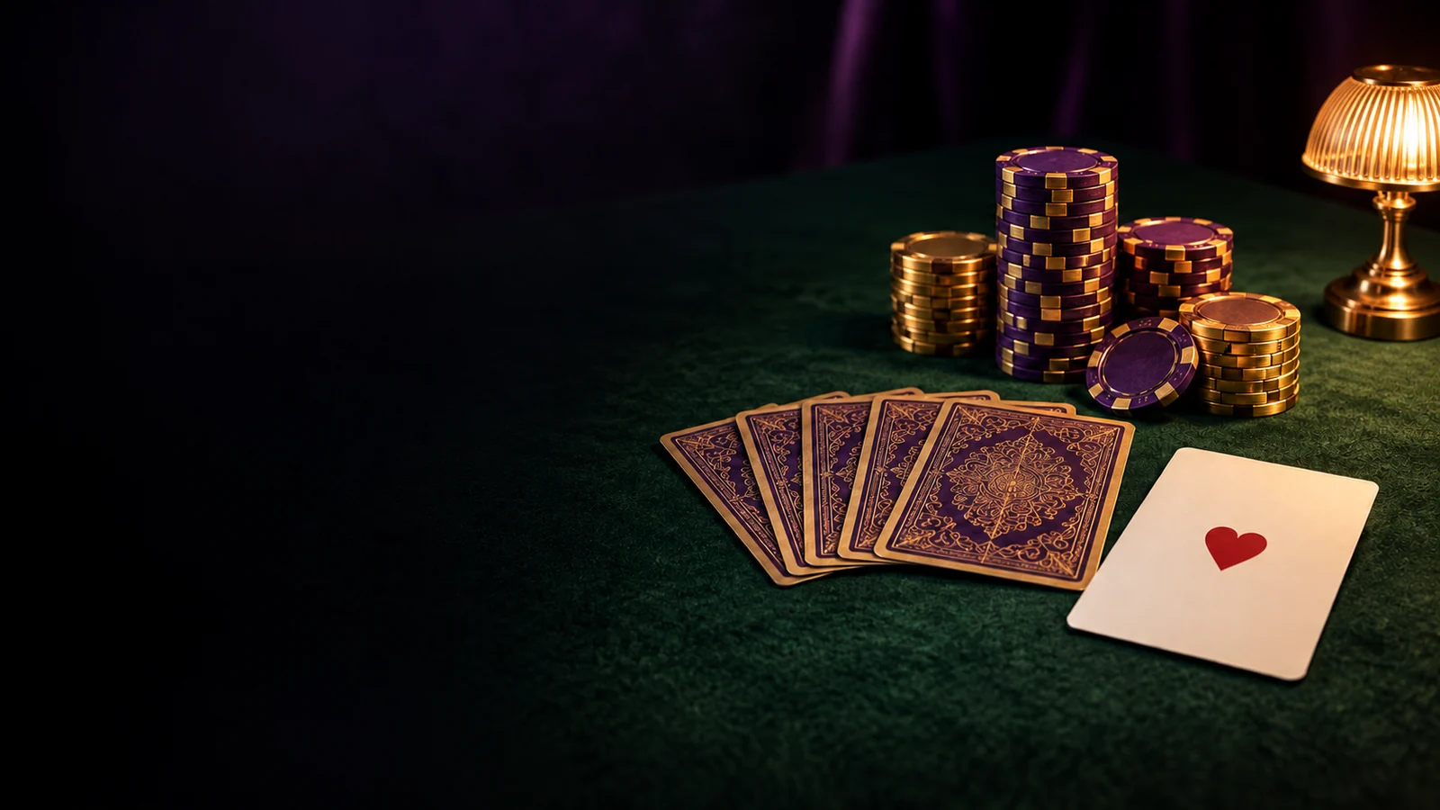 Stacks of purple and gold chips and fanned cards on green felt at Here2Win Casino